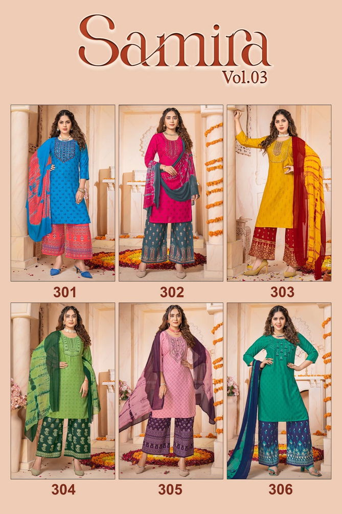 Kinti Samira Vol 3 Embroidery Rayon Kurti With Bottom Dupatta
